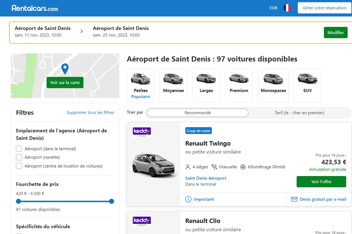 Capture d'écran du site Rentalcars pour une location de voiture à La Réunion